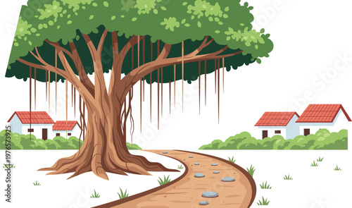 Large Banyan Tree with Hanging Roots in a Rural Village Landscape