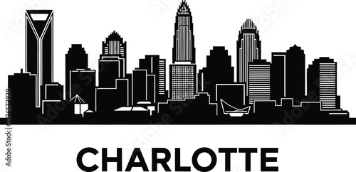 Black silhouette of charlotte city skyline with text for north carolina urban landscape design and municipal architecture profile t shirt design.