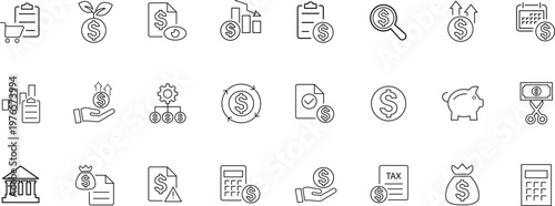 Finance and Banking Icon Set – Money, Investment, Payment and Accounting Line Vector Icons