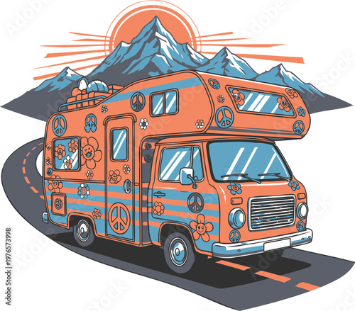 Retro camper van illustration with mountains and sun for vintage lifestyle road trip sticker and nomadic adventure travel apparel t shirt design.