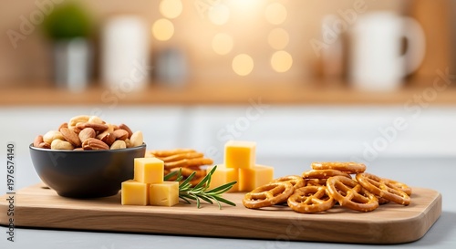 Delicious variety of snacks presented on a wooden serving board