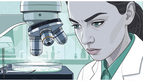 Female Scientist Researching in Laboratory with Microscope and Petri Dish