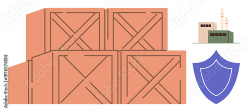 Logistics, supply chain, warehousing, goods protection, security measures, inventory management. Stacked crates, factory protective shield. Logistics and supply chain