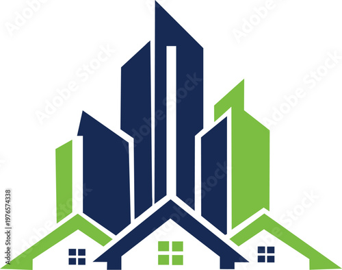 A modern and dynamic logo featuring a bold city skyline combined with residential house elements, symbolizing real estate growth, urban development, and sustainable housing. The blue and green color s