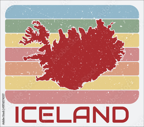 Iceland vintage logo. Shape of the country on retro colored stripes background. Iceland map design with grunge scratch texture. Vector illustration.