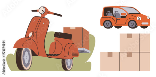 Delivery services, logistics, e-commerce shipping, courier industry, urban transport, package handling. Vintage scooter, compact car and stacked cardboard boxes. Delivery and logistics in modern