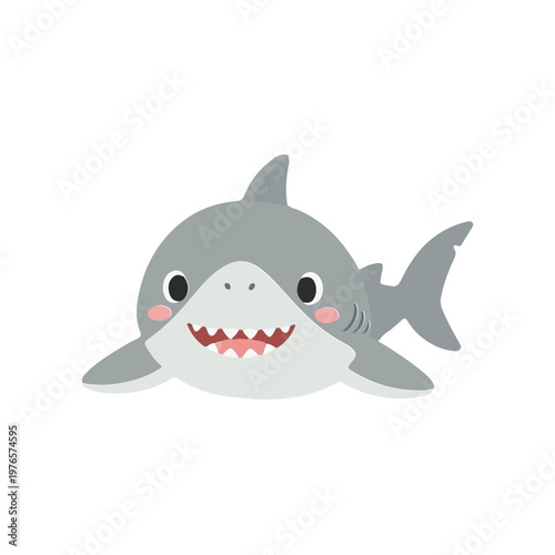 Cute kawaii grey shark facing front flat vector illustration, Cartoon shark character with toothy smile isolated, Minimalist sea predator mascot