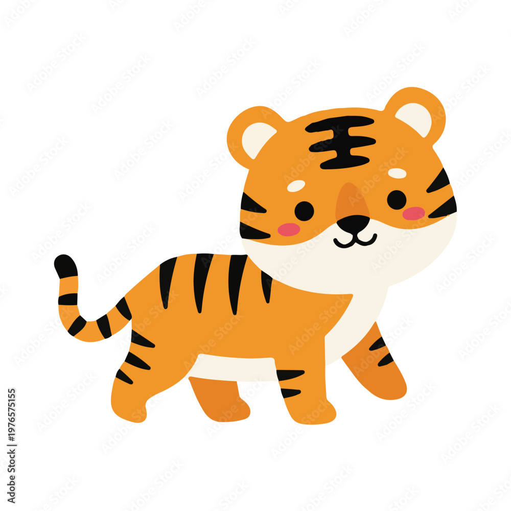 Fototapeta premium Cute kawaii tiger walking side view flat vector illustration, Cartoon tiger character profile isolated on white, Minimalist wild cat mascot for kids