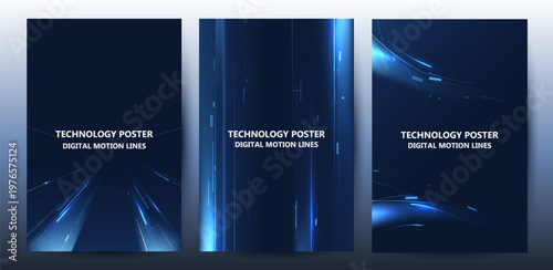 Futuristic Technology Poster Set With Abstract Digital Motion Lines Backgrounds