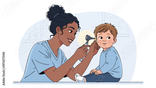 Pediatric ENT Doctor Examining Child Ear, Healthcare Medical Illustration