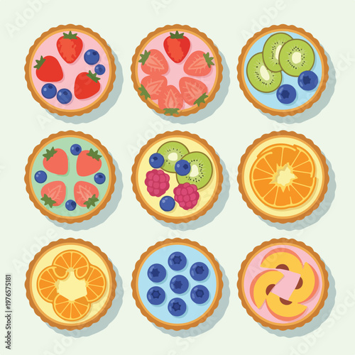 A vibrant illustration showcasing nine delectable fruit tarts