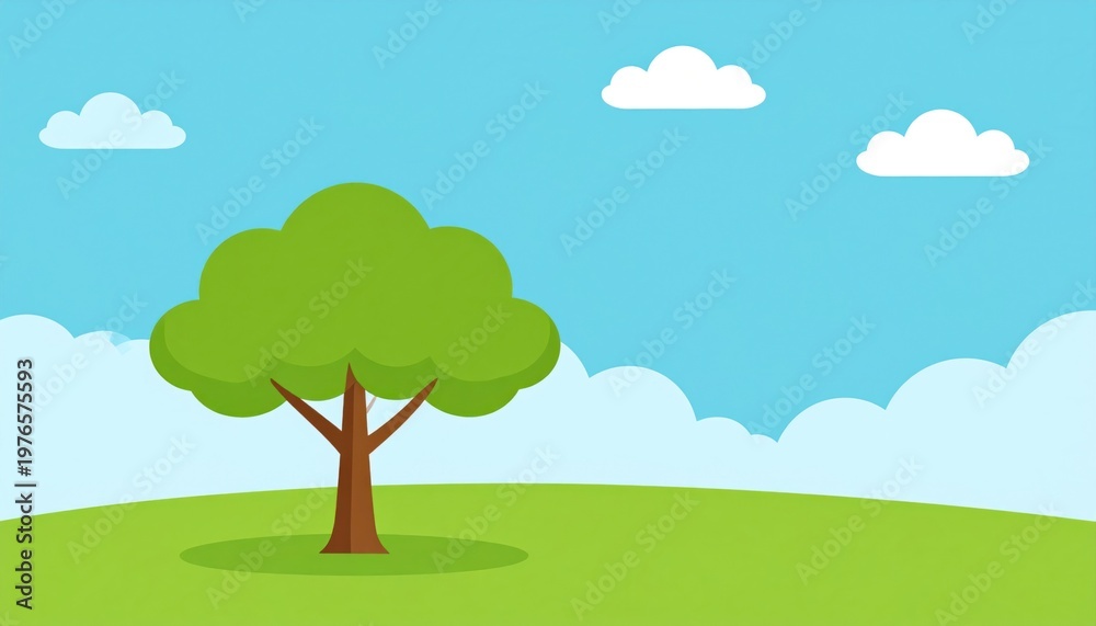 Fototapeta premium Simple cartoon landscape featuring a green tree on grass with blue sky and white clouds
