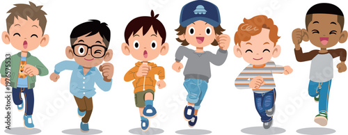 朗らかに走る様々な人種、国籍の6人の男の子たち