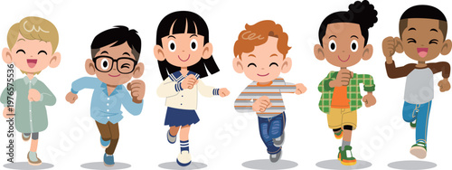 朗らかに走る様々な人種、国籍の6人の子どもたち