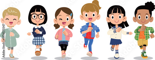 朗らかに走る様々な人種、国籍の6人の女の子たち