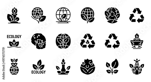 A collection of eco-friendly icons and logos for ecology and conservation