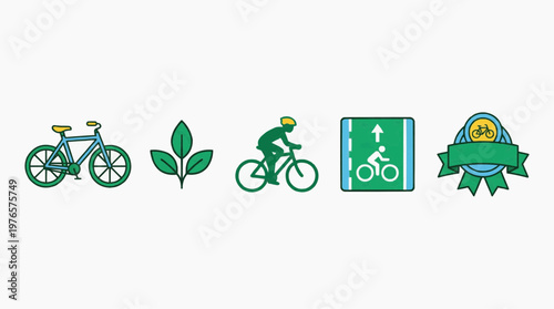 Collection of icons representing cycling, nature, and transportation, including a bicycle, green leaves, a cyclist, a road sign, and a ribbon badge