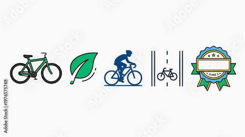 Set of icons representing cycling, eco-friendly transport, sport, and achievement awards, perfect for health and sustainability themes