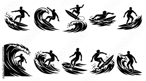10 Man Surfing Silhouette Vector Pack – Ocean Sport & Summer SVG Collection