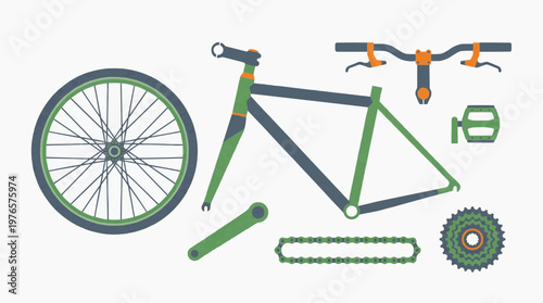 Illustration of a bicycle frame and components laid out in a flat design style on a white background