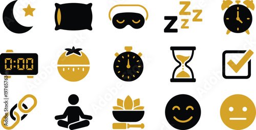 A comprehensive set of modern icons illustrating sleep, time management, and emotional well-being concepts.