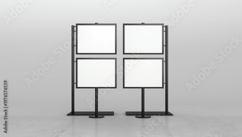 Poster stand takes multiple A2, A3, A4, A5 posters on a tall stand, mock up template for retail displays in stores as a shop poster stand, 3d illustration