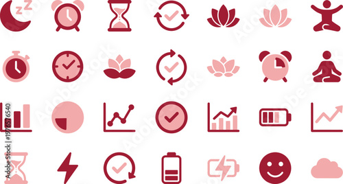 A diverse collection of digital icons featuring symbols for time, health, productivity, and data analysis.