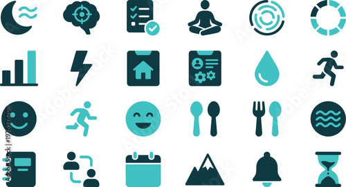 A diverse collection of modern flat icons, featuring essential symbols, abstract concepts, and common daily activities, in teal.