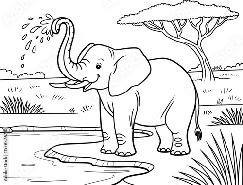 black and white elephant illustration splashing water