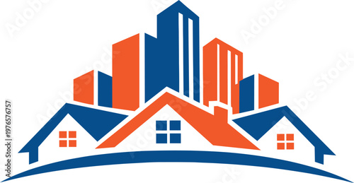 A vibrant and modern real estate logo featuring a dynamic city skyline combined with residential house elements. The orange and blue color scheme represents energy, trust, and professionalism, making 