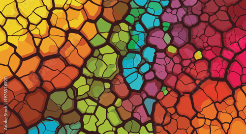 A vibrant abstract mosaic of cracked textures and varied color sections