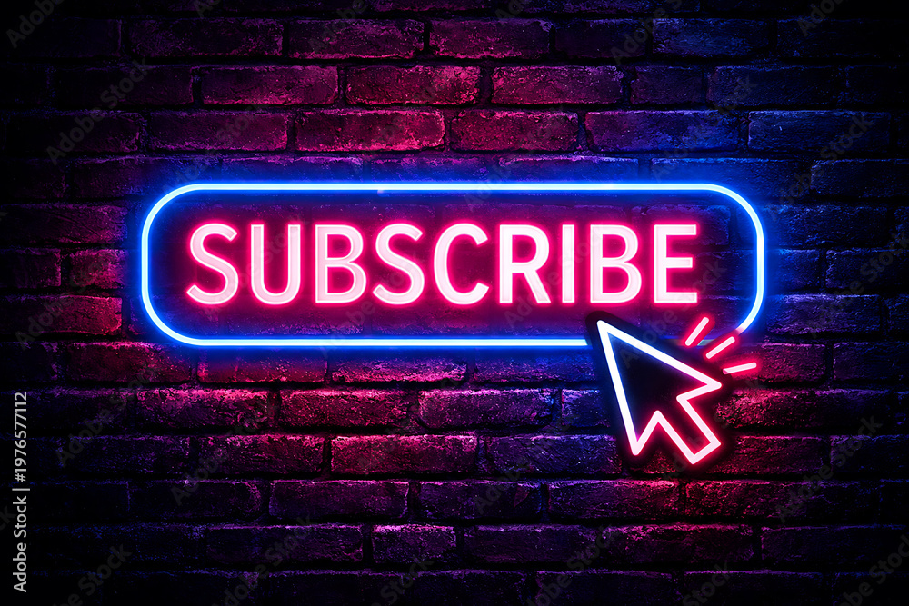 Fototapeta premium A glowing neon sign reading Subscribe with a cursor clicks on a brick wall background.