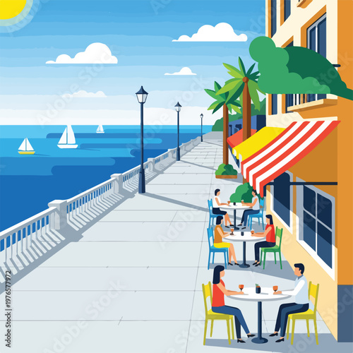 A seaside promenade scene with outdoor dining and sailboats
