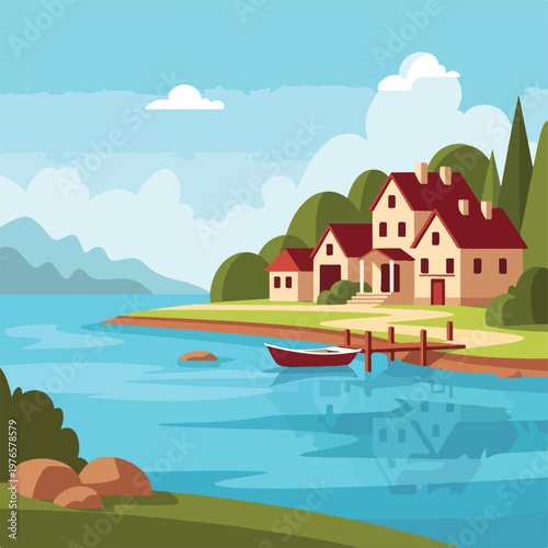 A serene lakeside scene with a house, boat, and surrounding nature