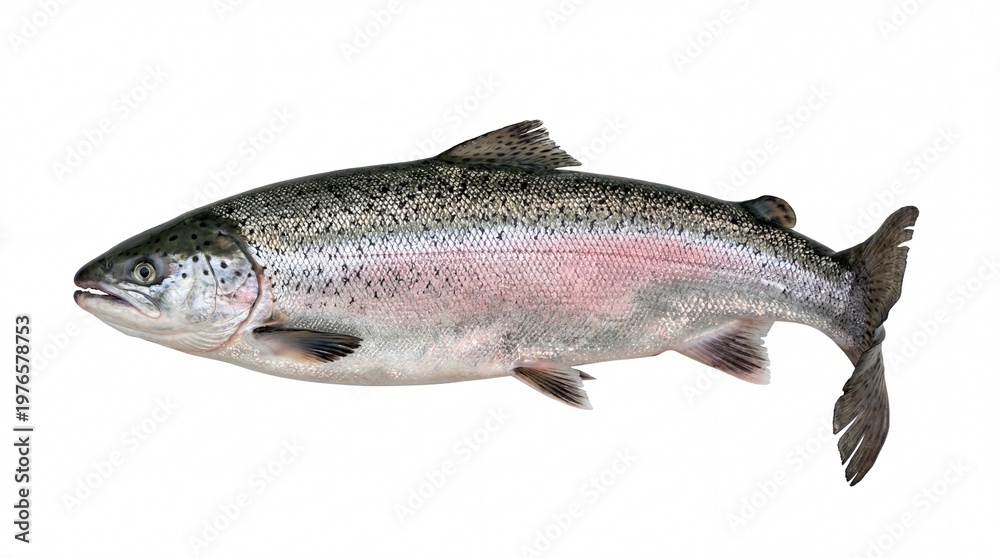 Obraz premium A detailed side view of a fresh rainbow trout showing its distinct spotted pattern and body shape