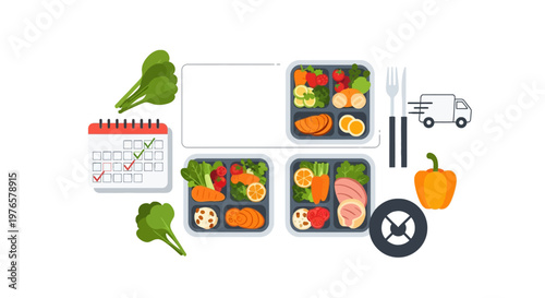 Weekly Healthy Meal Plan Subscription and Food Delivery Service Vector Set