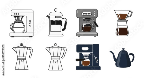 Vector illustration of set of various coffee makers and brewing equipment on transparence background