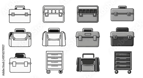 Vector illustration of set of various tool boxes and portable storage organizers on transparence background