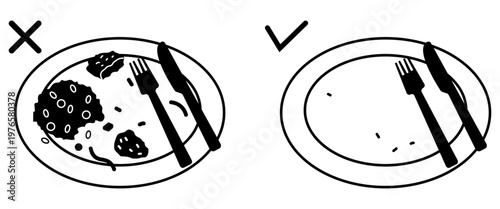 食べ残しNG・完食OKのモノクロイラスト　フードロス削減