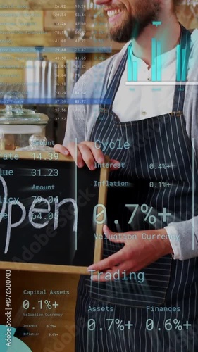 Vertical video: Barista adjusting chalk sign counter signaling open finance HUD shifting rates bars