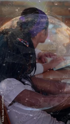 Vertical video: Start with two students writing in class under data globe drifting across frame