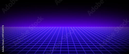 Purple glow neon wireframe background. Deep blue shining checkered grid floor plane in perspective. Retro futuristic horizon wallpaper. Arcade game sci fi matrix landscape surface. Vector backdrop