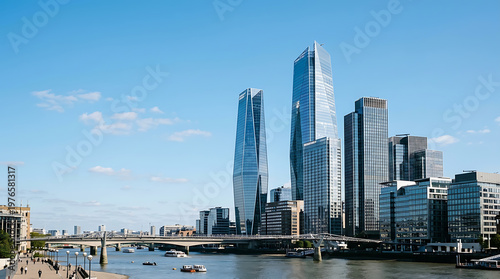 Modern Cityscape with Tall Skyscrapers and River View