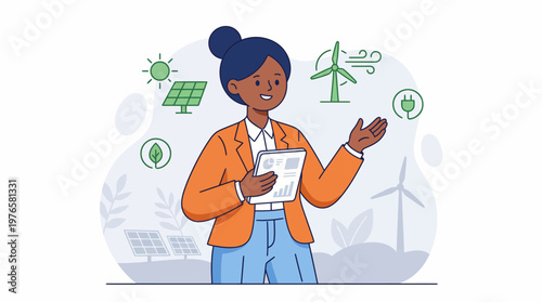 Professional Businesswoman Presenting Sustainable Renewable Energy Solutions and Green Technology Concepts