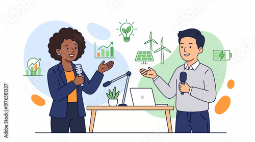 Diverse Speakers Discussing Sustainability, Renewable Energy, and Eco-Friendly Business Practices in a Podcast Interview