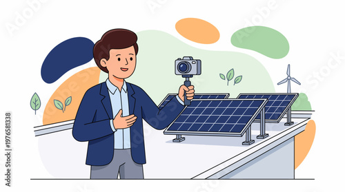 Man Vlogger Filming a Video about Renewable Energy with Solar Panels and Wind Turbine Illustration