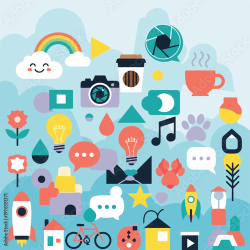 A whimsical illustration with various colorful, simplified objects