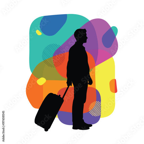 A silhouette of a traveler with a suitcase, standing against colorful shapes