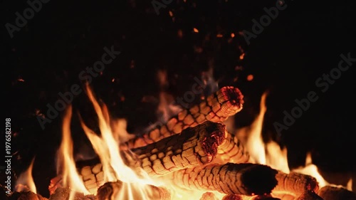 Close-up night campfire with burning bright orange-yellow flames and glowing logs in dark serene forest clearing