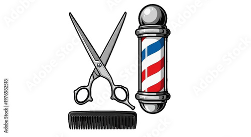 Vector illustration of barber shop tools illustration with scissors, comb and barber pole on transparence background